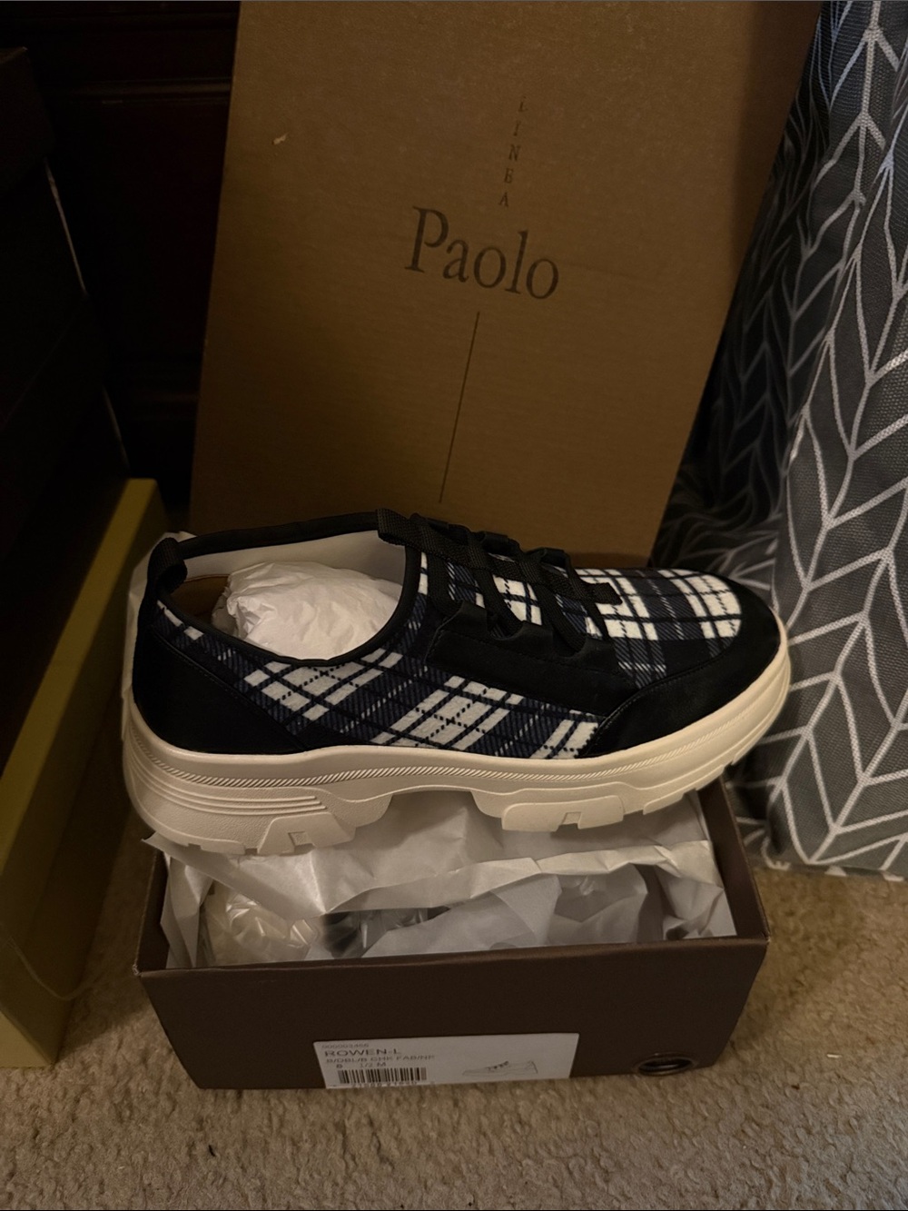 Paolo Black & White Plaid Platform Sneakers with Cream Sole